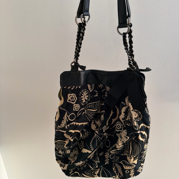 Lucky Penny by Anthropologie Black Cream Canvas Leather Trim Hobo Shoulder Bag - Picture 5 of 9